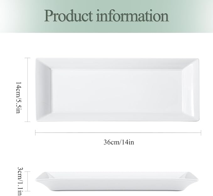 14" Rectangular Platters Set of 4, White Ceramic Platters, Large Serving Plates for Party, Entertaining, Wedding, Rectangle Serving Dishes for Steak, Sushi, Appetizer, Oven Dishwasher Safe