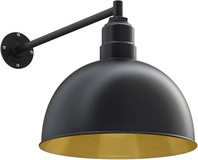 Steel Lighting Co. Hollywood Bowl Light | Outdoor Wall Mounted | 15 inch Bowl Dome | 20 inch Straight Arm | Barn Light Made in America | Matte Black Exterior/Brass Interior