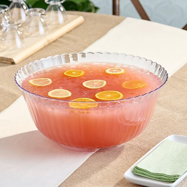 12 Qt Clear Plastic Punch Bowl with Scalloped Edge, Round Shape, BPA Free, Recyclable, 14.5 Inch Top Diameter, Smooth Finish