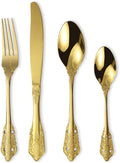 Vintage Gold Silverware Flatware Set for 16, European Classic Style 64 Pieces Stainless Steel Tableware Cutlery Set,Fine Kitchen Utensils for Wedding Restaurant Hotel Christmas