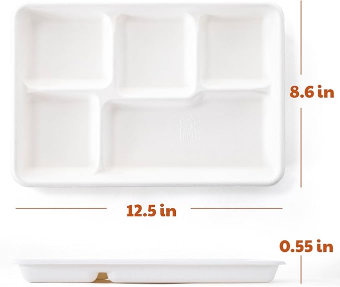 Compostable 5-Compartment Paper Plates, 100 Count, 12.5 x 8.6 inch, Disposable Divided Lunch Trays, Biodegradable Bagasse Sectional Plates for Buffet, Parties, Events & Daily Use, (White)