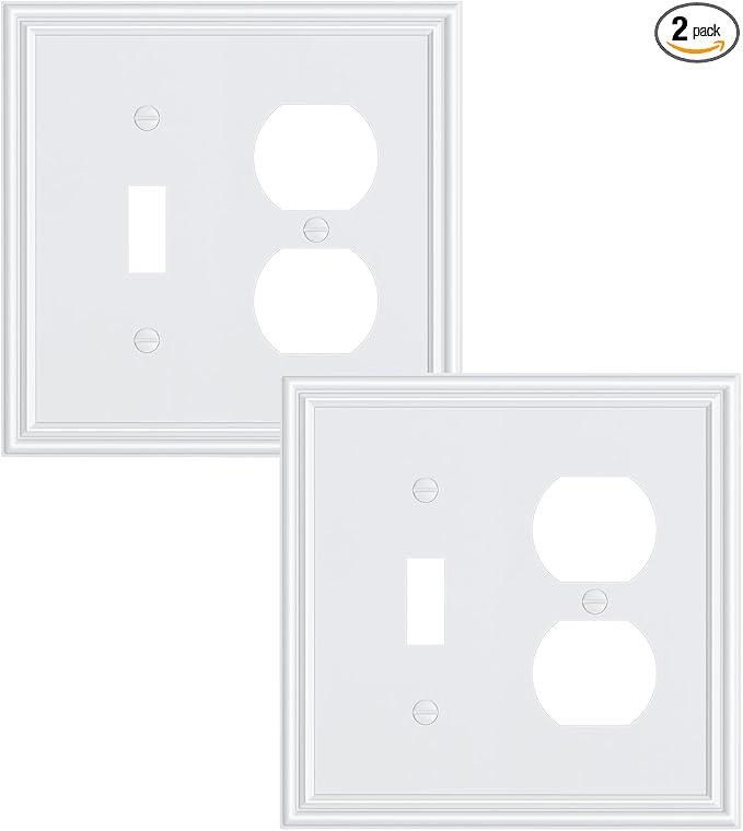 2-Pack Combo Toggle/Duplex Light Switch Cover Plate, Pure White Wall Outlet Cover Plate, Decorative Wall Receptacle Cover for Electrical Outlets, Light Switch, Durable Solid Zinc Alloy