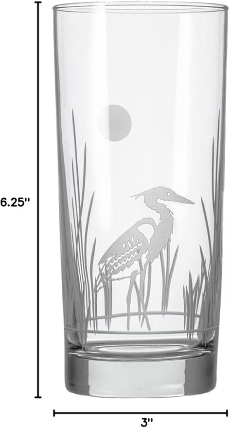 Rolf Glass Heron Highball Glass | 15oz Set of 2 Cooler Glasses | Lead-Free and Engraved | Heavy Base | Designed and Engraved in the USA | Coastal Glassware with Bird Design