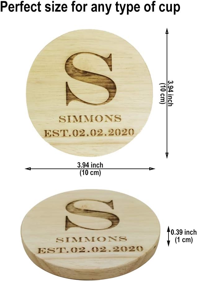 Personalized Wooden Coasters for Drinks - Custom Engraved, Monogram Design - Great Gifts for Relatives, Friends or Yourself (S, Set of 6)