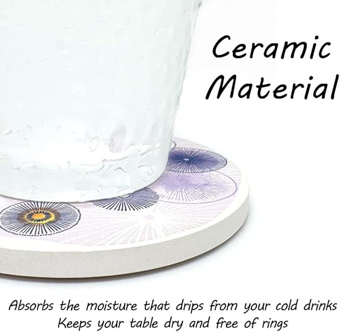AD Set of 6 Coasters for Drinks Absorbing Round Ceramic Stone Coaster with Cork Base Tabletop Protection Mat for Mugs and Cups,Office,Kitchen (Color Droplets with Rose Gold Holder)