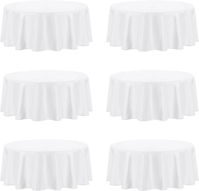 PureFit 6 Pack Round White Table Cloths 120 Inch for Round Tables, Stain and Wrinkle Resistant Table Linens for Home Use, Wedding, Party, Banquet and Camping