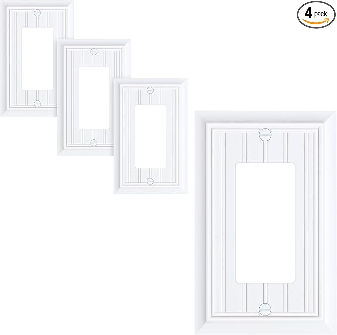4-Pack Classic Beadboard Decorator Wall Plate Cover, Pure White Decorative Switch Plates and Outlet Covers, Durable Natural Bamboo Fiber Wall Plates for Electrical Outlets, Receptacle, GFCI Outlet