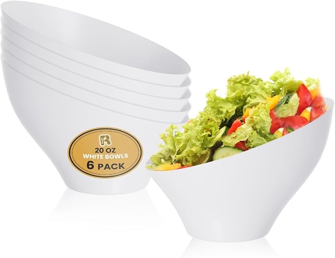R-kay 6 Pack Angled White Candy Bowls - Plastic bowls 20 Oz - Premium Plastic Serving Bowls Disposable Heavy Duty For Weddings Catering, parties, And All Occasions (White, Medium)