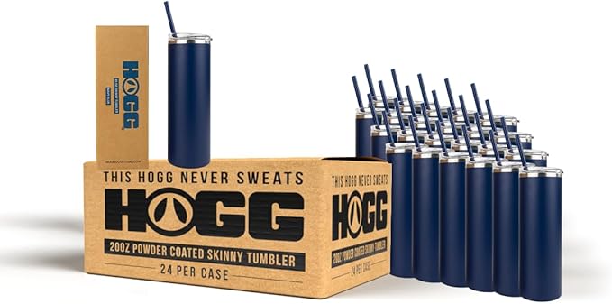 Hogg 20 oz Skinny Case (24 Units) - Navy Blue, Powder Coated Tumblers for Laser Engraving, Engravable Tumblers Bulk, Stainless Steel Cups Bulk, Insulated Cups with Lids and Straws