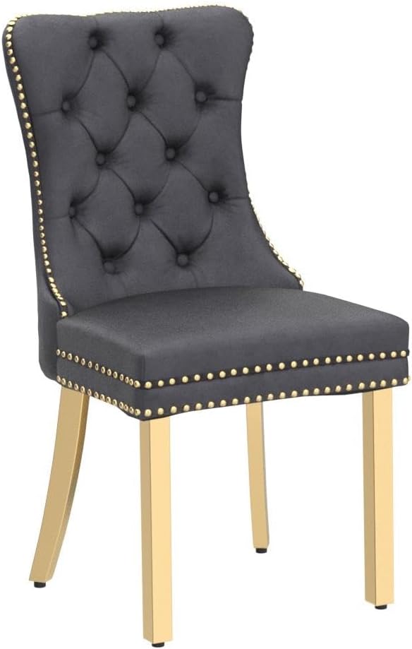 KCC Velvet Dining Chairs Set of 2, Upholstered High-end Tufted Dining Chair with Nailhead Back Ring Pull Trim Stainless Steel Legs, Contemporary Nikki Collection Modern Style for Kitchen, Dark Gray