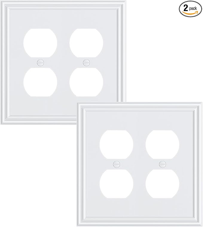 2-Pack Double Duplex Outlet Cover, Pure White Decorative Switch Plates and Outlet Covers for Electrical Outlets, Durable Zinc Alloy Wall Plates, 2 Gang Receptacle Cover, Corrosion Resistant