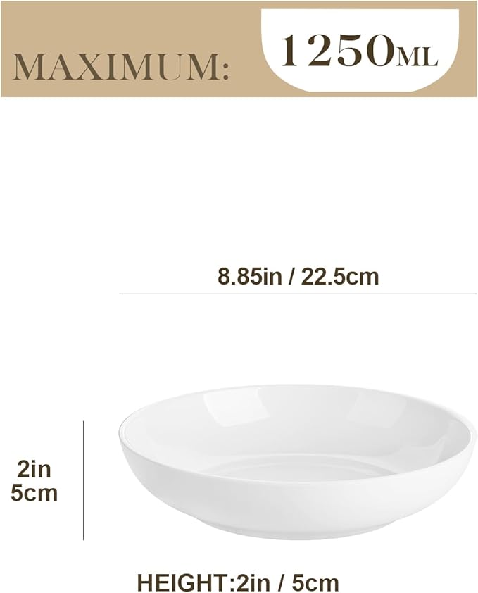 MALACASA 8.85" Large Pasta Bowls, 42 OZ White Salad Bowls Soup Bowls, Porcelain Serving Bowls Set of 4, Large Kitchen Bowl Plates Pasta Plates, Microwave & Dishwasher Safe, Series REGULAR
