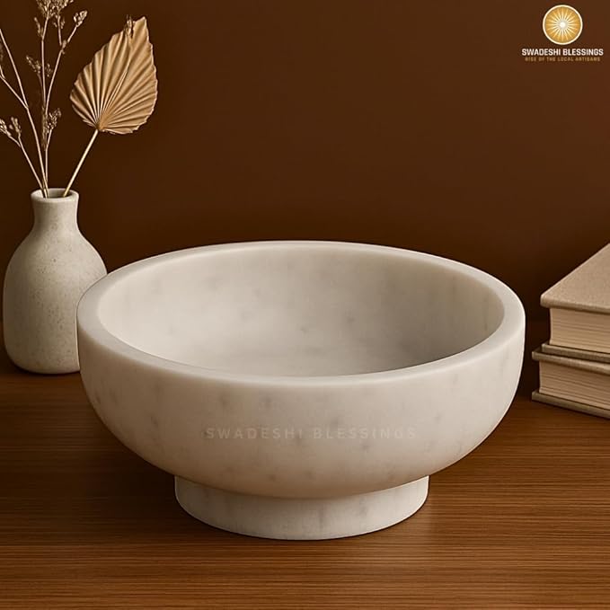SWADESHI BLESSINGS Handcrafted Marble Fruit Bowl for Kitchen Counter, Large Decorative Bowl for Home Decor, Key Bowl for Entryway Table, Marble Pedestal Bowl for Dining Table Centerpiece Decor, 10.5”