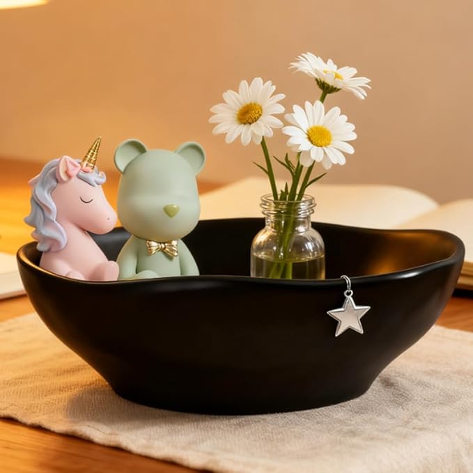 12''Black Bowl for Keys Entryway Table Large Salad Bowl Ceramic Mixing Bowls for Party,Extra large capacity 120oz