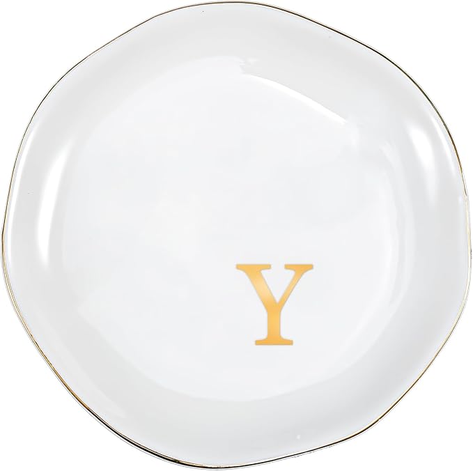 ProCase Ceramic Jewelry Tray, Initial Ring Dish Trinket Plate Engagement Gift, Small Personalized Monogram Ring Bowl for Wedding, White Decorative Jewelry Holder for Women Vanity -Letter Y