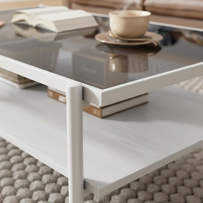 Mid Century Modern 2-Tier Coffee Table with Gray Tempered Glass Top & Wood Storage Shelf – Space-Saving Center Table for Living Room, Apartment & Small Spaces (White)