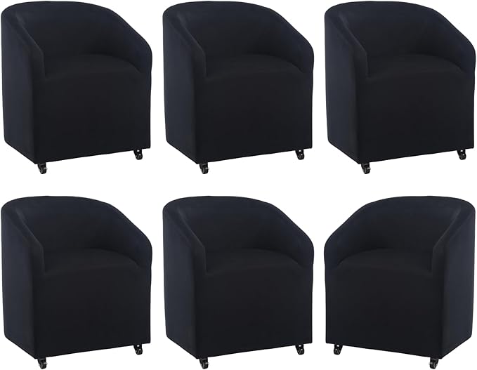 Modern Barrel Dining Chairs with Rolling Casters Set of 6, Upholstered Velvet Swivel Dining Room Chairs with Wheels for Kitchen Living Room Home Office, Black