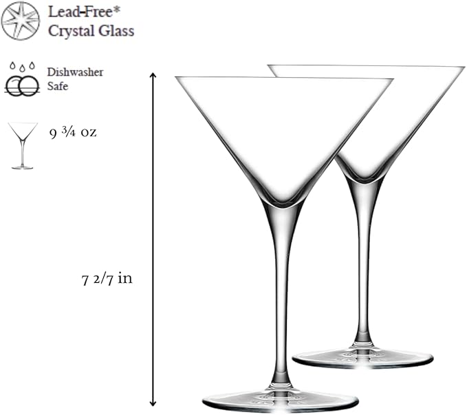 NUDE Vintage Set Of 2, Crystal Martini Glasses 9.75 oz, Lead-Free, Perfect for Drinking Martini, Margarita, Coctail, Glassware for Home