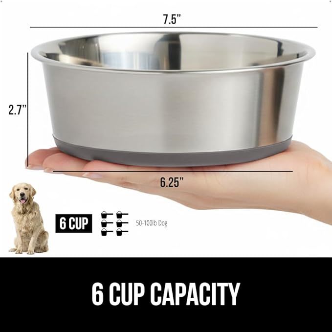 GORILLA GRIP Dog Bowl, Holds 6 Cups (48 fl oz), Heavy Duty Metal Food and Water Bowl for Feeding Dogs and Cats, Easy Clean, Dishwasher Safe, Rust Resistant Stainless Steel, BPA Free Rubber Base, Gray