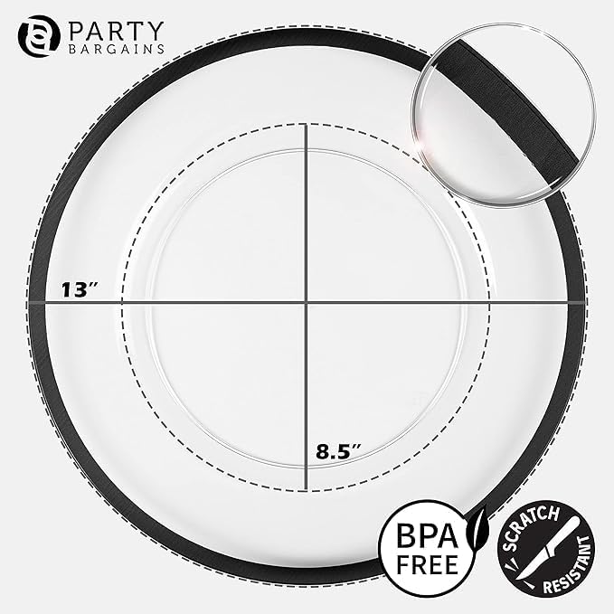 PARTY BARGAINS 13-Inch Charger Plates - 96 Pack, Clear Black Rim, Heavy-Duty Disposable Chargers for Elegant Dining - Ideal for Weddings and Formal Events