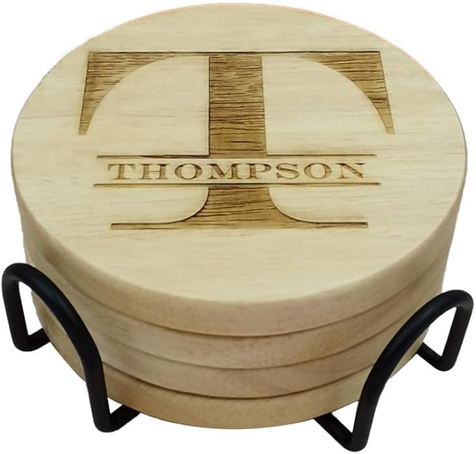 Personalized Monogram Coasters, Custom Engraved - Wooden Drink Coasters, Set of 4 - Great Gifts