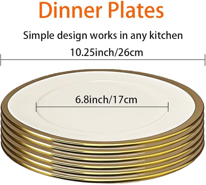 Dinner Plates, Set of 6, 10 inch,White Porcelain with Gold Trim，Appetizer Plates,Ceramic Round Dessert Serving Plates for Bread, Salad, Snack and Finger Food,Elegant Ceramic Dinner Plates