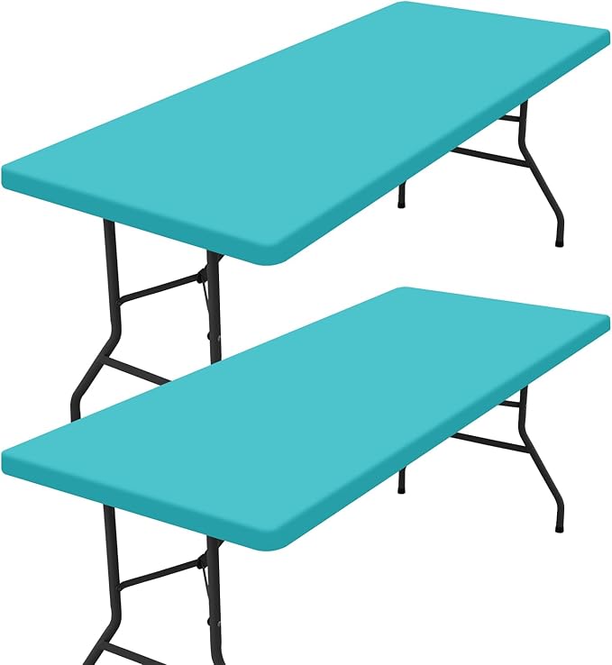 homing 2 Pack Rectangle Table Cloth, Elastic Fitted Fabric Tablecloth Fits for 6 Foot Folding Tables, Washable Table Cover for Picnic, Camping, Indoor & Outdoor (Turquoise, 30" x 72")