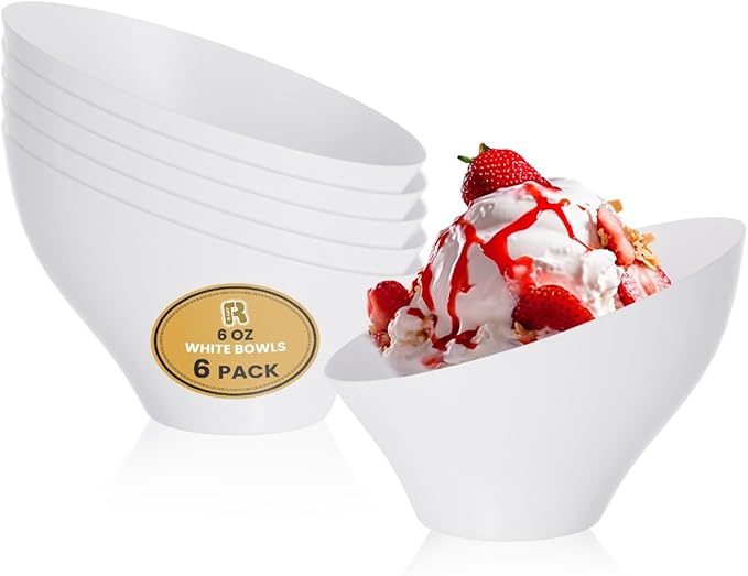 R-kay 6 Pack Angled White Serving Bowls - Small Plastic bowls 6 oz - Premium Plastic Serving Bowls Heavy Duty For Weddings Catering, parties, And All Occasions (White, Small)