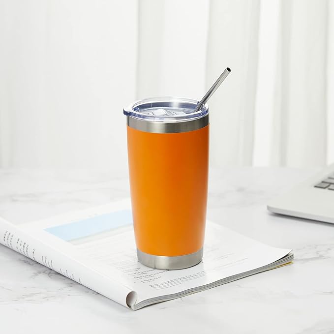 COMOOO 20oz Double Wall Vacuum Insulated Travel Mug Bulk Stainless Steel Tumbler with Lid and Straw Durable Powder Coated Insulated Coffee Cup for Cold & Hot Drinks (Orange, 12 pack