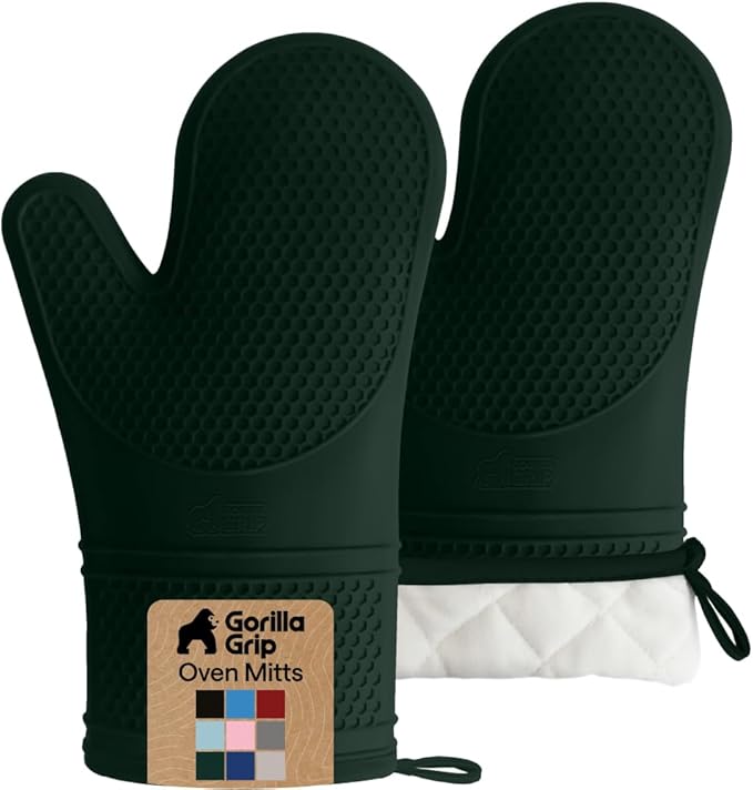 GORILLA GRIP BPA-Free Soft Silicone Oven Mitts, Heat Resistant and Waterproof Cooking Gloves, Thick Cotton Lining, Flexible Gripping for Baking Grilling, Kitchen Potholders Set, 12.5x8.3, Hunter Green
