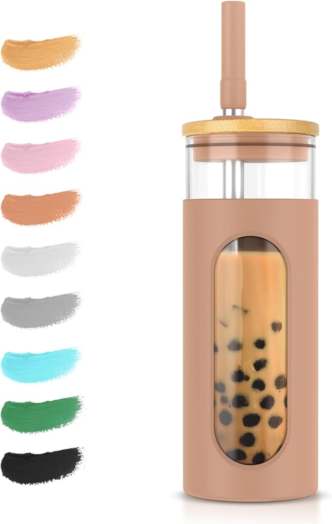 Tronco 20oz Glass Tumbler with Bamboo Lid and Straw, Reusable Iced Coffee Cup for Boba Tea, Smoothies & Cold Drinks, Spill-Proof Glass Cup with Silicone Sleeve, Dishwasher Safe, BPA-Free