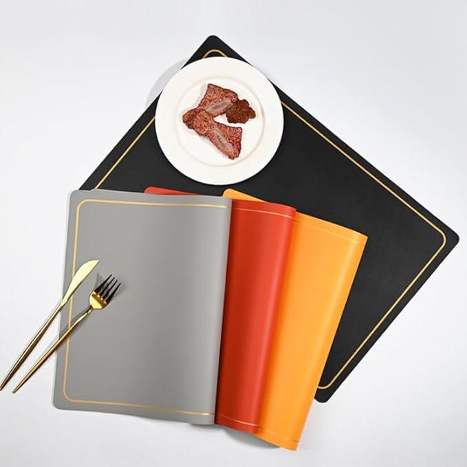 PU Leather Placemats Set of 4 - Waterproof Heat Resistant Dining Table Mats - Minimalist Non-Slip Coasters for Plates & Bowls 18x12 Inches (Black)