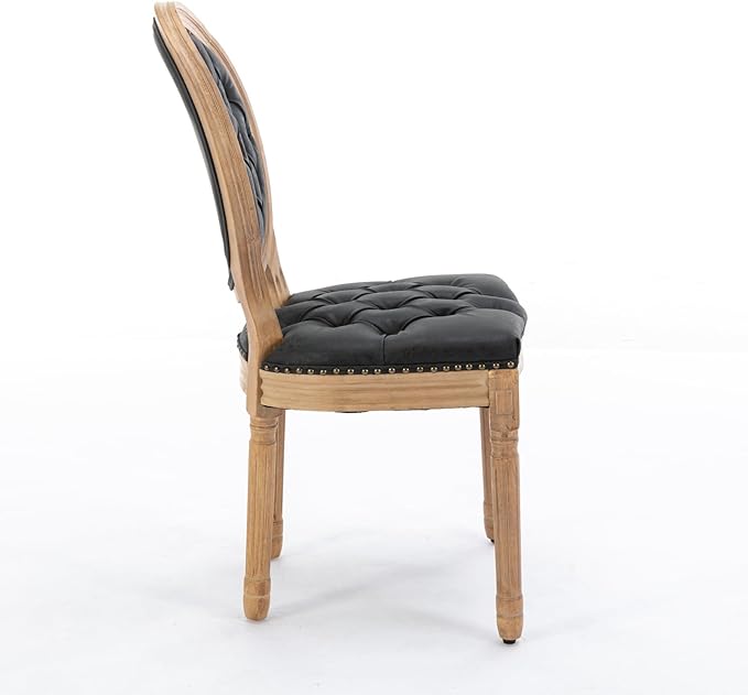 Ball & Cast French Vintage Upholstered Dining Chairs Set of 2, Button Tufted Kitchen Side-Chairs with Carved Antique Wood Frame & Nailhead Trims, PU-Leather Curved Backrest Louis Chair, PU Black