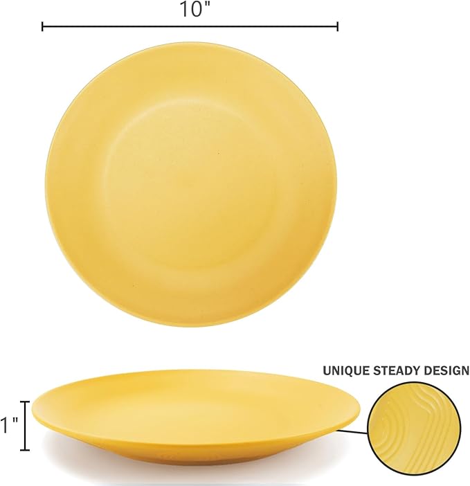 Homienly Flat Dinner Plates Set of 8, Alternative to Plastic, Microwave & Dishwasher Safe, Wheat Straw, Unbreakable Kids Plates (Yellow, 10 inch)