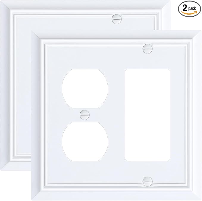 2-Pack Combo Duplex/Decorator Outlet Cover Plate, Pure White Decorative Switch Plates Covers, Durable Natural Bamboo Fiber Wall Plates for Electrical Outlets, Receptacle, GFCI Outlet, Dimmer Switch