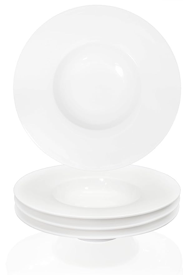 Ceramic Wide Rimmed Soup Plate, Soup Bowl 14 oz, Pasta Bowl Set of 4, White Shallow Bowl Plate with Rim, Best choice for high-end restaurants, hotels, and foodies, 12 Inch