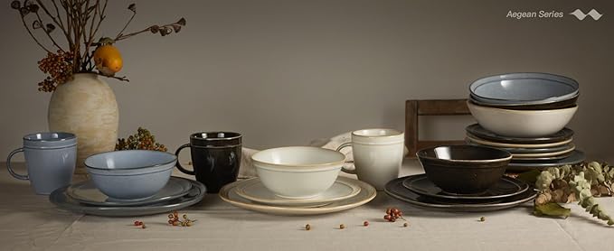 Famiware Aegean Stoneware Dinnerware Set for 4, Plates and Bowls Sets, 12-Piece Scratch-Resistant Dinner Plate Set, Handmade Irregular Round Dishes - Microwave and Dishwasher Safe, Cappuccino White