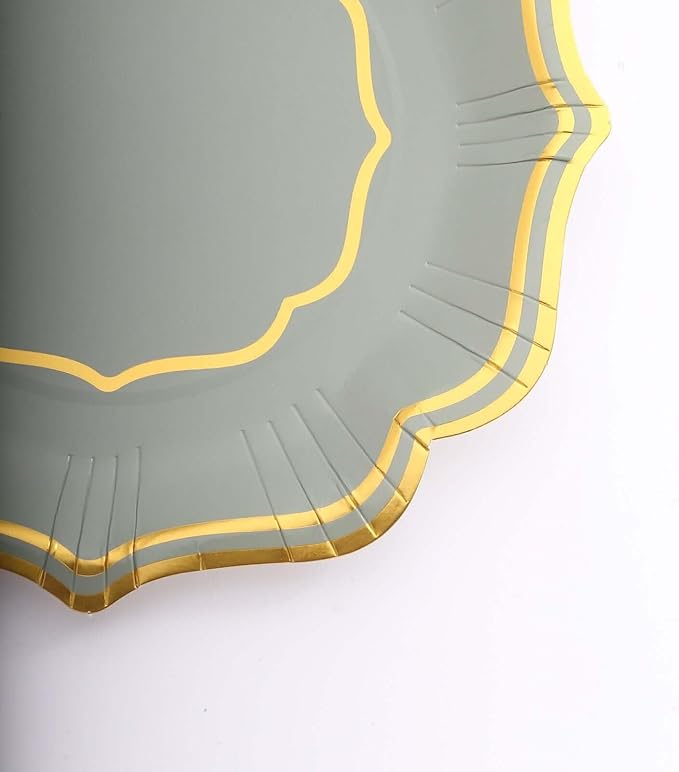 50 Pack 10" Sage Green/Gold Scallop Rim Dinner Plates, Disposable Round Paper Party Plates 300 GSM for Festive Table Decoration