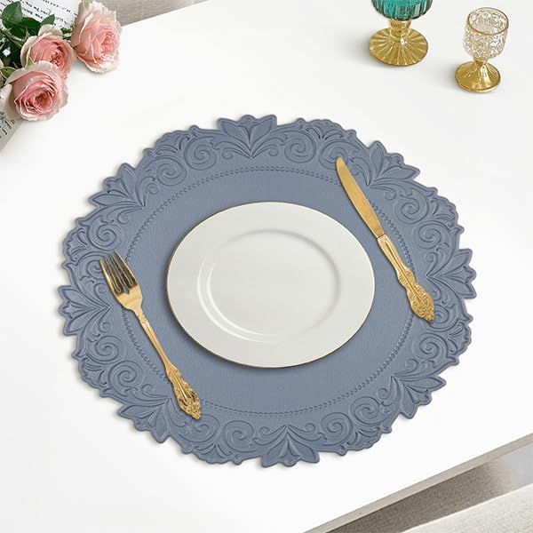 Noctiflorous Round Faux Leather 15 Inch Placemats Set of 4 Waterproof Wipeable Heat Resistant Tablemat for Dining Table Kitchen Non Slip Washable Oilproof Table Place Mat for Indoor Outdoor(Blue, 4)
