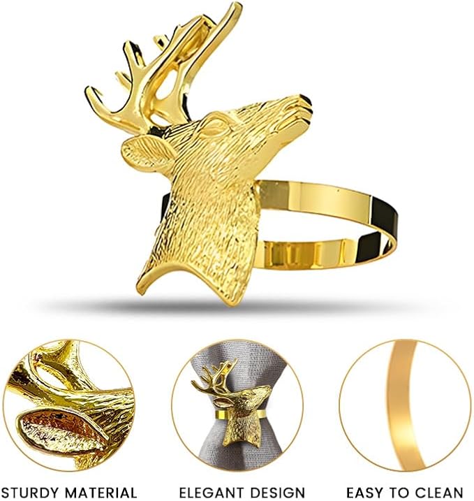 Decozen Set of 8 Gold Napkin Rings in Stag Design, Festive, Table Decor Setting for Holiday, Wedding, Birthday, Kitchen, Home Decor, Housewarming Gift - Thanksgiving Decoration