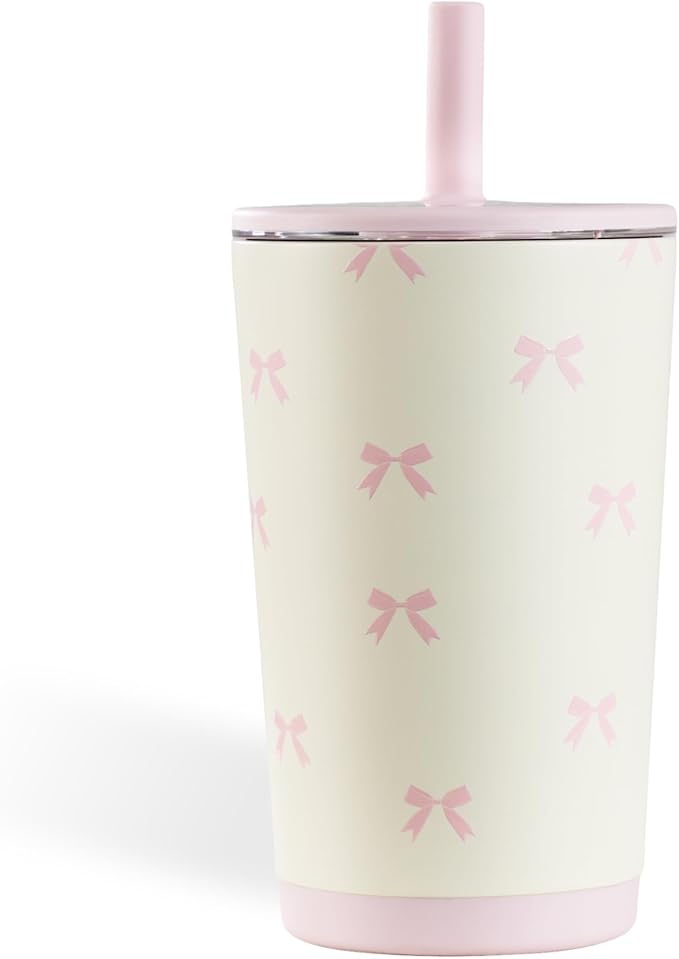 HydroJug Everyday Tumbler 14 oz – Ceramic-Lined Insulated Tumbler with Straw and Soft-Touch Lid, Cup Holder Friendly, Double-Wall Vacuum Insulation, Reusable Travel Cup – Bows