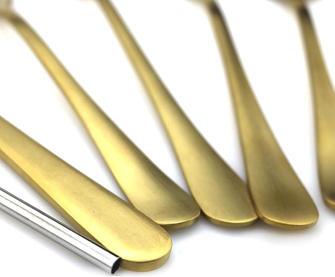 JASHII Modern Royal 5 Pcs Matte Gold 18/10 Stainless Steel Utensils Cutlery Dinnerware Set w/Drinking Straw, Knife Fork and Spoon Flatware Set for Wedding Festival Christmas Party Service for 1