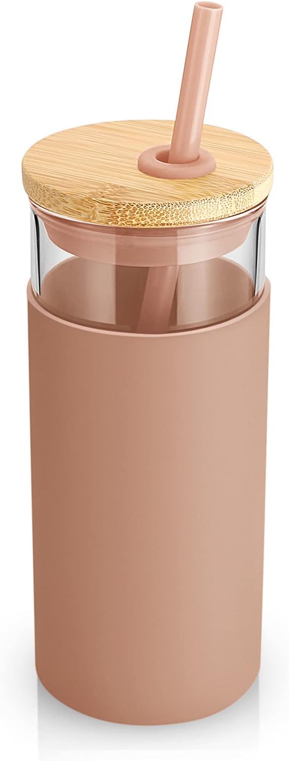 Tronco 20 oz Glass Tumbler with Lid and Straw, Iced Coffee Cup and Smoothie Cup with Bamboo Lids & Protective Silicone Sleeve, Dishwasher Safe, BPA-Free, Glass Cup 2 Pack