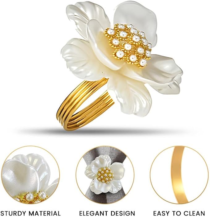 Decozen Set of 16 White Gold Napkin Rings in Floral Design, Festive, Table Decor Setting for Holiday, Wedding, Birthday, Kitchen, Home Decor, Housewarming Gift - Mothers Day Decorations