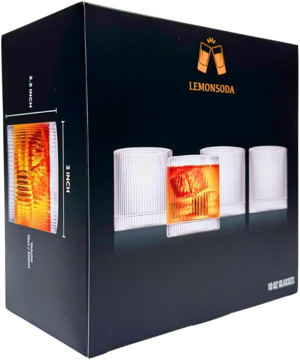 LEMONSODA Vintage Straight Line Lowball Drinking Glass 10oz Set of 4, Tumbler for Cocktails, Whiskey, Juice, Water Premium Gift Boxing Included
