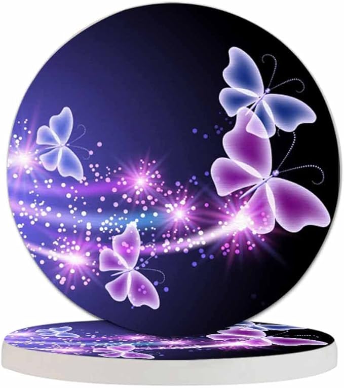 Flowers and Butterfly Drink Coasters Modern Beautiful Fly Animal Shine in Dark Housewarming Presentss for New Home Present for Friends,2 Pcs,4 X 4 X 0.35 Inches for Men Women