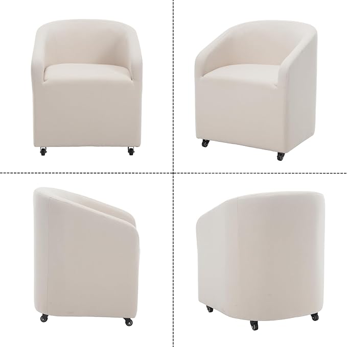 Modern Barrel Dining Chairs with Rolling Casters Set of 6, Upholstered Linen Swivel Dining Room Chairs with Wheels for Kitchen Living Room Home Office, Beige