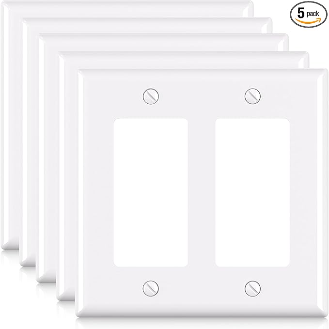 ELEGRP 2-Gang Decorative Wall Plates, Standard Size 4.53" H x 4.57" L Unbreakable Thermoplastic Faceplate Cover for Decorator Receptacle Outlet Switch, UL Listed (5 Pack, Glossy White)