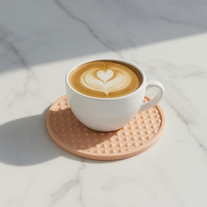 Set of 6 Silicone Coasters, 4'' Drink Coaster with Holder, Round Coasters for Drinks Beer Coffee Home Office Bar Desk Tabletop Protection, Non-Slip Rubber Coaster (Pink, 6 Pcs-Metal Holder)