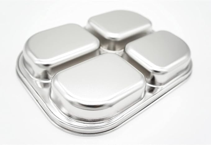 Korean Stainless Steel Divided Plates for Toddlers, Kids, Babies, Premium 304, Electro-Polished, No Black Residue, BPA-Free, 4-Compartment Food Tray, Camping, Balanced Meals, Set of 2